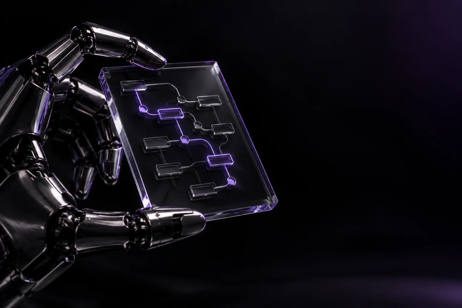 A graphite android hand examining an illuminated glass workflow plate