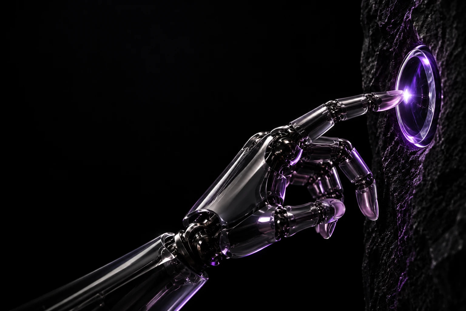 A graphite android hand touching a violet-lit contact point