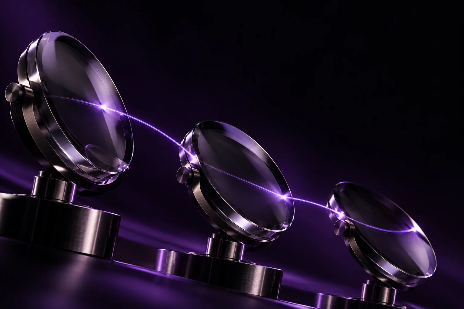 Three sculptural glass discs connected by a single violet light path