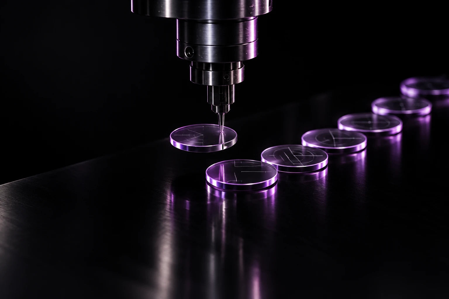 A precision instrument above a row of violet glass tool modules